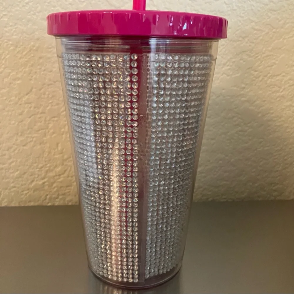 BARBIE Pink / Silver Rhinestone Tumbler Cup With Straw